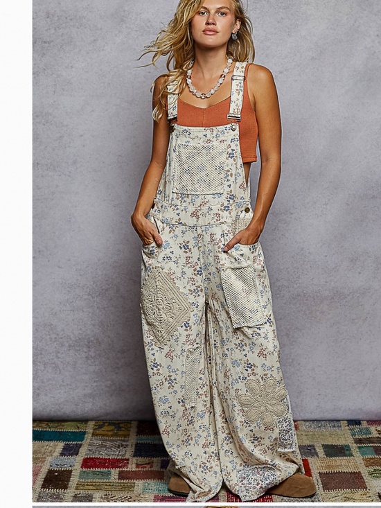 POL Pants - POL Cream Floral Patchwork Overalls Jumpsuit
